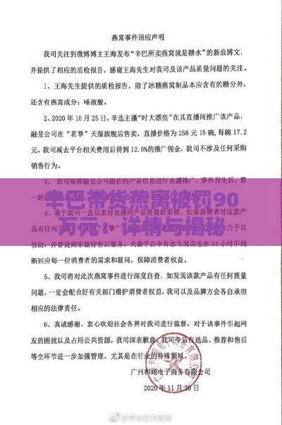 辛巴带货燕窝被罚90万元：详情与揭秘